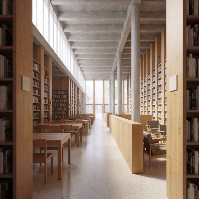 Interior of a mid-century modernist public library, with pale oak shelving, exposed concrete columns, terrazzo flooring, and a broad clerestory. Diffuse morning light crosses the reading hall, viewed from the entrance down its central aisle, with precise lines and plausible structure. — Krea 2 Medium