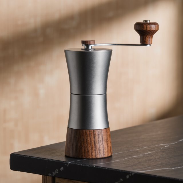 Commercial product photograph of an unbranded portable espresso grinder crafted from anodized aluminum with walnut accents, resting on a black stone surface against a warm beige background, illuminated by broad diffused studio light and a subtle edge highlight. — Kling v3 Omni