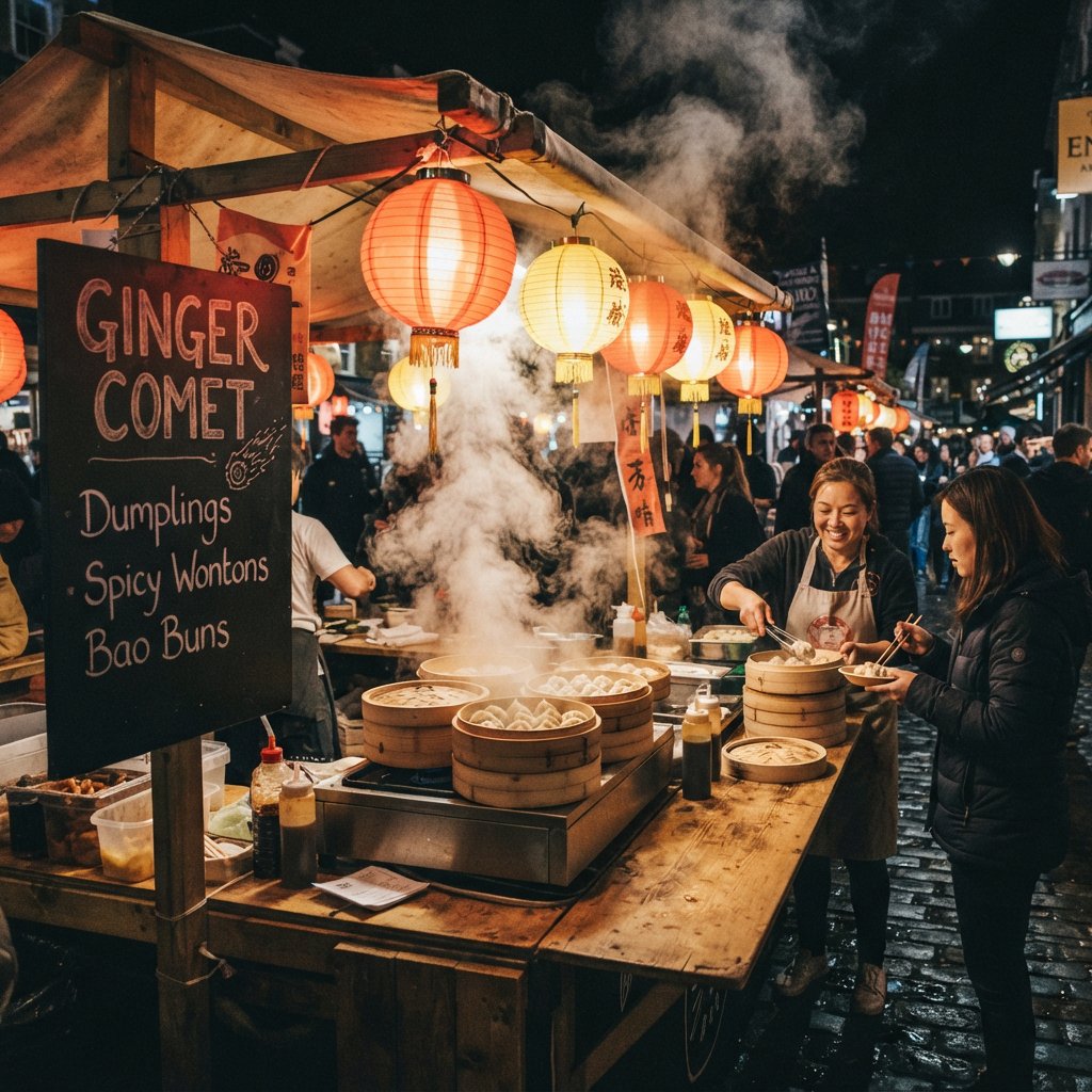 Steam curls above baskets of dumplings at a lively night-market stall, lantern light warming its canvas canopy; "GINGER COMET" is chalked in bold white letters on a blackboard beside the serving counter. — Nano Banana 2 Lite