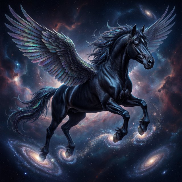 A majestic winged horse, with iridescent feathers and a coat like polished obsidian, is soaring through a celestial realm filled with nebulae and shimmering stardust. Around its hooves, tiny galaxies spiral outwards. The style is reminiscent of intricate fantasy illustration, with glowing, ethereal colors and a sense of deep cosmic wonder — Qwen Image 3.0