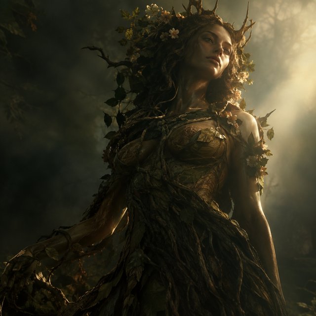 fantasy aesthetic, volumetric fog, chiaroscuro lighting, subsurface scattering, sculptural realism, an epic adult dryad. — GPT Image 2.5 Flare