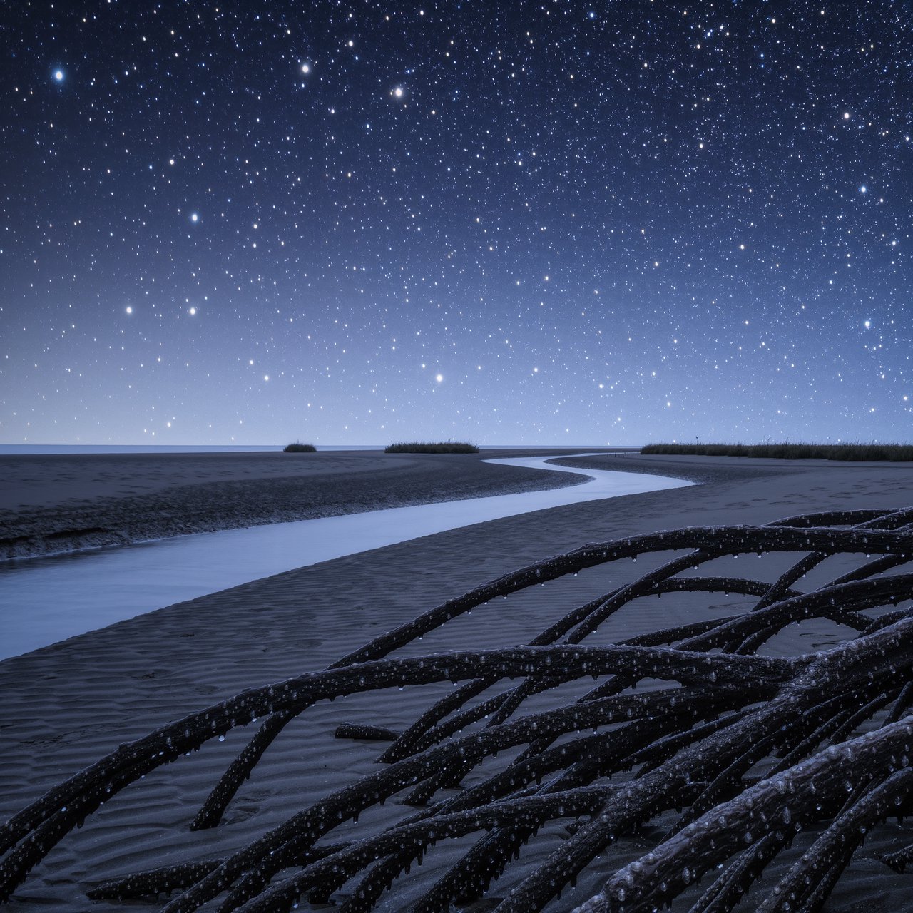 A mangrove delta spreads beneath a star-filled midnight sky after a humid shower; rain-beaded roots and fine silt ridges sharpen the foreground, while winding channels vanish among distant reed islands. — Kling v3 Omni