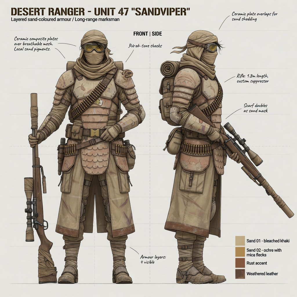 Character design sheet of a desert ranger in layered sand-coloured armour with a long rifle, front and side view, neutral background. — Grok Imagine Image Quality