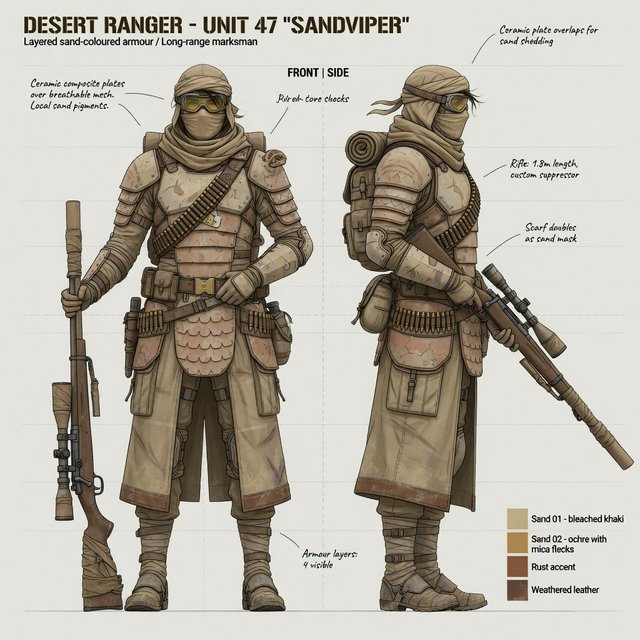 Character design sheet of a desert ranger in layered sand-coloured armour with a long rifle, front and side view, neutral background. — Grok Imagine Image Quality