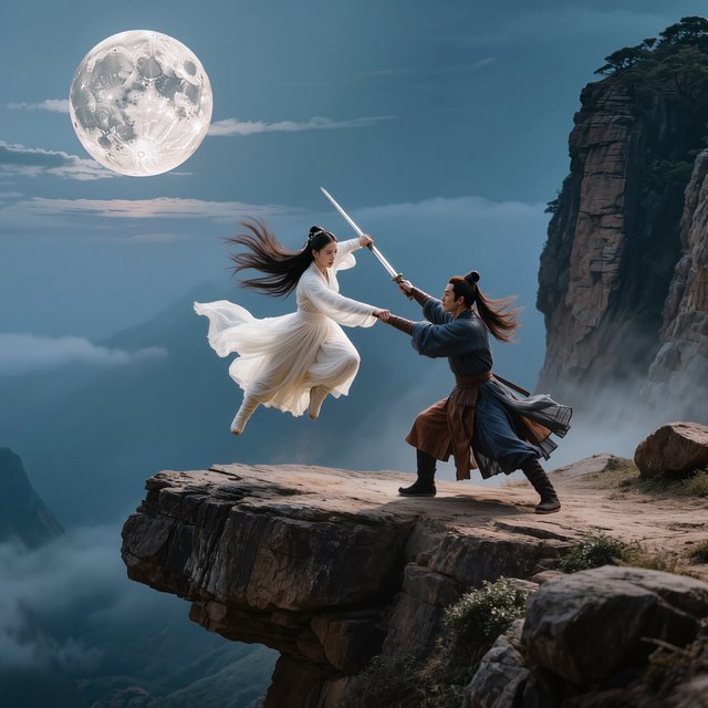 Frontal cinematic shot of two adult martial artists dueling on a cliff at night in ancient China: a female swordswoman in flowing white hanfu is airborne in a dynamic combat pose, thrusting her sword forward, while a male swordsman in traditional Taoist robes firmly parries her attack with his own blade. Moonlit night, wind sweeping their garments and hair, dramatic cliffside setting, tense face-off, elegant wuxia atmosphere, vivid motion, visually striking. — Kling v3