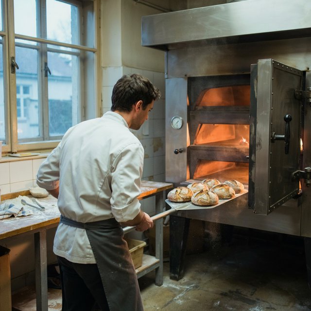 Candid documentary photograph of an adult baker sliding a tray of bread into a neighborhood bakery oven, warm oven glow mixing with gray dawn window light, 35mm lens with moderate depth of field, flour dust suspended above the workbench. — Ideogram v4.5