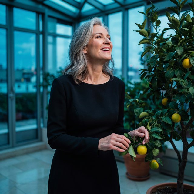 At a quiet rooftop conservatory, an adult woman in her early sixties wears a long-sleeved black evening gown, caught laughing softly beside a citrus tree as blue-hour light spills through the glass; poised styling brings fashion-magazine polish. — Model 8