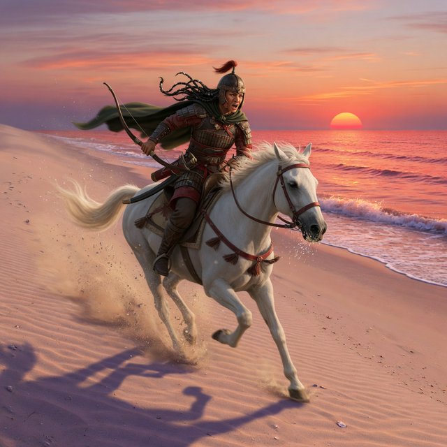 An adult female warrior on her white steed galloping along a fine-sand beach at sunset. — Grok Imagine Image Quality