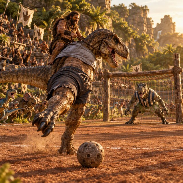 Wide shot of a golden-hour prehistoric football match, photorealistic, cinematic. A weathered, muscular adult caveman with ochre face paint sits upright on a plump medium T-Rex's back, gripping a braided leather leash. The mounted T-Rex strains mid-kick, wearing a tiny faded grey cotton T-shirt riding up over its scaled shoulders and frayed athletic shorts bunched at its hips, one massive clawed foot cocked back behind a pockmarked 3ft stone football. A weathered timber goalpost stands 20 yards ahead; the opposing T-Rex goalie hunches ready in a sleeveless striped jersey #1 and grass-stained shorts, claws dug into dusty red earth. Sunlit bleachers line the natural rock arena: cheering adult cave families wave bone flags, assorted small dinosaurs bounce and roar along the sidelines, warm late-afternoon light gilds fern fronds and dinosaur scales, soft long shadows stretch across the playing field, playful triumphant atmosphere, sharp focus on the kicking T-Rex, shallow depth of field on spectators. — GPT Image 2.5 Flare