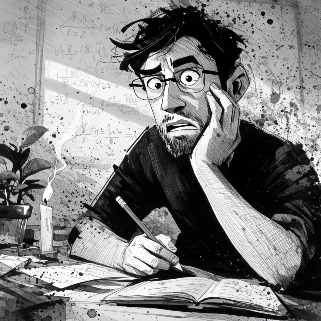 Energetic ink splattering + bold caricature contours + precise tonal modeling, where energetic ink splattering creates chaotic surface energy through varied line weight and ink blots, bold caricature contours produce simplified forms via thick and thin ink outlines, and precise tonal modeling infuses fine parallel line hatching. The fusion manifests as layered hatching within loose expressive marks, transforming any subject through rapid ink application over fine parallel lines. A man with glasses, messy black hair, a short beard and a dark shirt. Medium close-up at eye level, the man seated at a desk leaning forward with wide eyes and a concerned expression, holding a pencil in his right hand while resting his left hand against his cheek, an open book and papers on the desk in front of him. Scene set at a cluttered desk in a workspace, with scattered papers, an open book and mathematical equations drawn on the wall behind. — Krea 2 Large