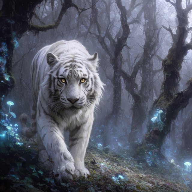 A majestic white tiger with eyes like molten gold, walking through a misty, ancient forest. Strange, bioluminescent flora casts an ethereal glow on the gnarled trees and moss-covered stones. The atmosphere is one of profound mystery and quiet solitude. Rendered in the style of detailed matte painting with a touch of dark fantasy concept art. — Krea 2 Large