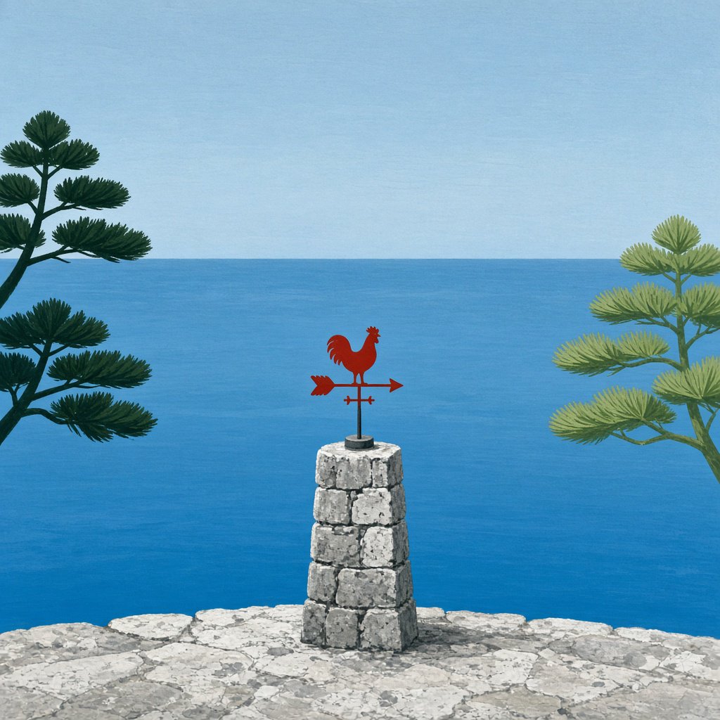 At a coastal overlook, a small red weather vane stands on a stone post. Exactly two dark-green pine trees line the left edge and one pale-green pine tree stands at the right edge; a blue sea fills the background, nothing else. — Grok Imagine Image 2
