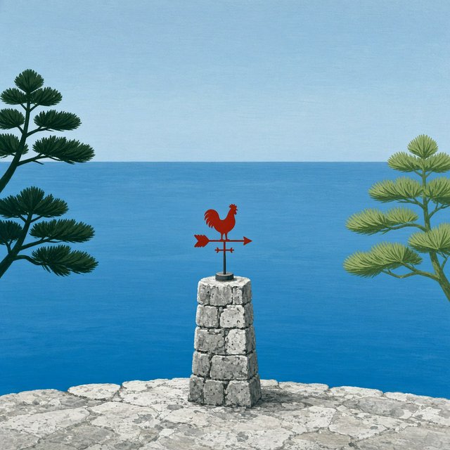 At a coastal overlook, a small red weather vane stands on a stone post. Exactly two dark-green pine trees line the left edge and one pale-green pine tree stands at the right edge; a blue sea fills the background, nothing else. — Model 5
