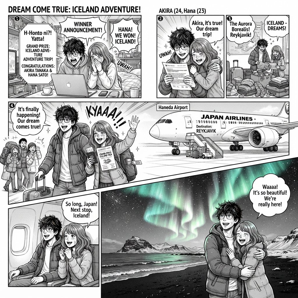 A realistic manga about a couple who entered a contest and ended up winning a trip to a place they always wanted to go. — Nano Banana 2 Lite