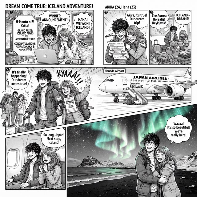 A realistic manga about a couple who entered a contest and ended up winning a trip to a place they always wanted to go. — Nano Banana 2 Lite