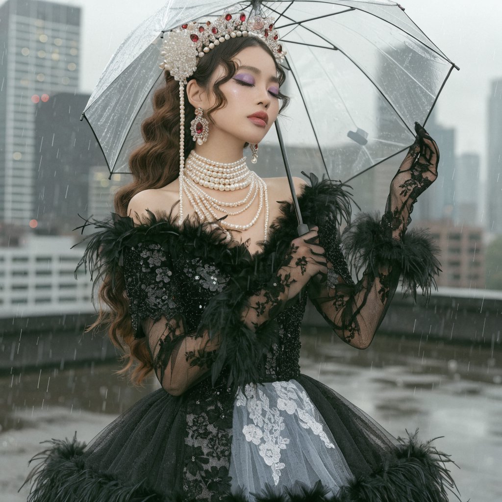 Surreal, ethereal East Asian adult beauty, 21 years old, in maximalist Gothic attire, with the most beautiful expression. — Recraft v4