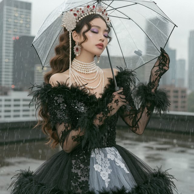 Surreal, ethereal East Asian adult beauty, 21 years old, in maximalist Gothic attire, with the most beautiful expression. — Recraft v4