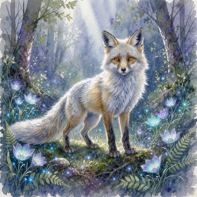 A majestic fox with fur like spun moonlight, standing in a clearing bathed in ethereal light. Bioluminescent flowers bloom around its paws, casting a soft, otherworldly glow. The scene is rendered in a detailed watercolor illustration style, with delicate brushstrokes and a muted, mystical color palette. Cinematic lighting emphasizes the magical ambiance. — Model 1