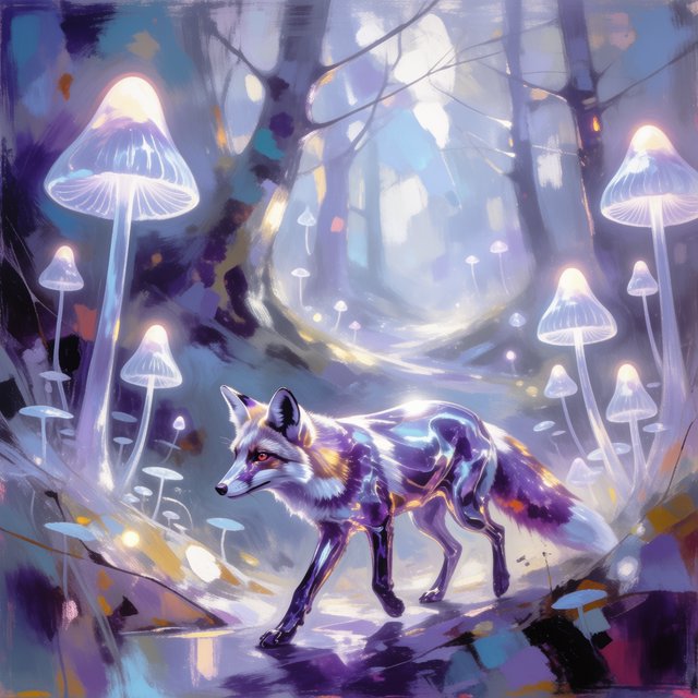 A solitary fox with fur like molten moonlight walks through an ethereal forest. Towering, bioluminescent fungi illuminate the path, casting an otherworldly glow. The style is reminiscent of early 20th-century magical realism, with bold, gestural brushstrokes akin to abstract expressionism, and a watercolor-like diffusion of light. — Model 12