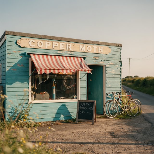 An old roadside bicycle workshop beneath a faded striped awning, rusted tools displayed in the window, with "COPPER MOTH" painted in cream block letters across the weathered wooden fascia, afternoon sunlight catching peeling turquoise paint. — Ideogram v4
