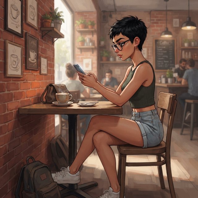 SUBJECT: Side view of a young woman seated at a cafe table, beautiful legs crossed, reading her phone. CHARACTER: 25-year-old woman with an extremely short black pixie cut, all hair under one inch. Stylish glasses, tight dark green ribbed tank top, bare midriff, shorts, comfortable shoes. SETTING: Trendy urban cafe, red brick walls decorated with framed sketches of coffee mugs. STYLE: Stylized semi-realistic digital painting, animation-inspired characters and environments. Expressive faces, large eyes, strong brows, simplified anatomy, convincing 3D volume and depth. Painterly shape-based rendering, minimal outlines, soft blended shading, broad angular brushstrokes. Luminous colors, warm undertones, restrained highlights. Hair and textures rendered in sculpted masses with selective fine detail. Muted charcoal and earthy palette, soft directional light, cohesive shadows, atmospheric depth. Detailed eyes and lips, simplified backgrounds, loose edges, unfinished brushwork. — Model 16