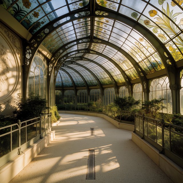 Interior of an Art Nouveau winter garden, curved iron ribs, cream terrazzo floor, hand-painted botanical glass panels, filtered late-afternoon sunlight, viewed from the entrance along the central axis, elegant geometry and believable load-bearing structure. — Krea 2 Medium