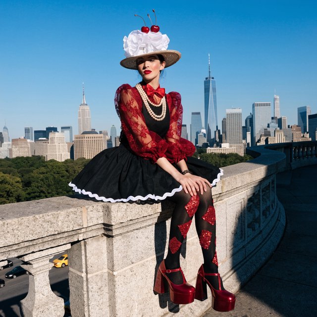 A whimsical gothic woman sitting on a ledge overlooking the city. — Recraft v4