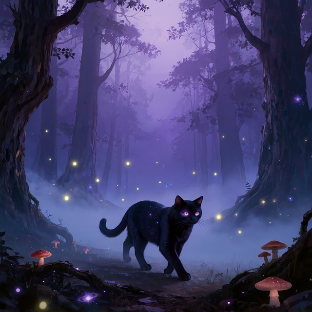 A sleek, obsidian cat with fur that seems to absorb all light, walks with quiet grace through a tranquil, mist-shrouded forest. Its eyes glow with an inner cosmic energy, reflecting distant nebulae. Ethereal fireflies drift around it, illuminating ancient, gnarled trees and glowing mushrooms. The style is deeply atmospheric, emphasizing soft focus and a palette of deep purples and blues. — Kling v3