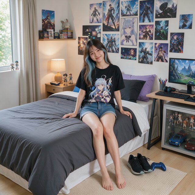A young beautiful woman of Chinese descent, she is twenty years old, sitting in a bedroom, sitting on the edge of her bed. She is wearing a black anime-themed shirt and denim shorts. She has dark brown hair with light blue highlights, brown eyes, pale skin. Her bedroom has anime- and video game-inspired posters and trinkets. Looking at the viewer, smiling. — FLUX 3 Image