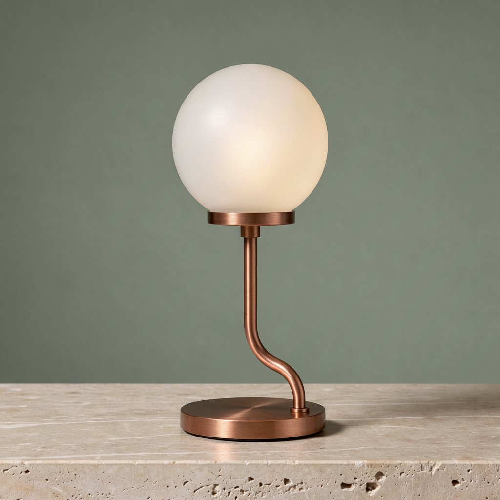 Commercial product photograph of an unbranded sculptural desk lamp with a frosted opal glass globe and brushed copper stem, standing on a pale travertine surface against a muted sage background, illuminated by soft overhead diffusion and a delicate warm rim light. — FLUX 3 Image