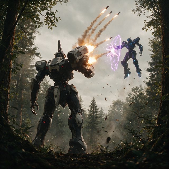 A dramatic cinematic scene of a towering 20-meter futuristic mecha standing in a dense forest, viewed from behind as the main focus. Its design is sleek, angular, and elegant, with a classic retro-futurist Japanese mecha aesthetic. Shoulder missile pods fire a volley of missiles toward an enemy mecha of a different but similarly styled design. The enemy mecha hovers in the air ahead, blocking the incoming missiles with a large arm-mounted energy shield. Dynamic action, smoke trails, forest scale, and intense battle atmosphere. — Seedream 5.0 Pro