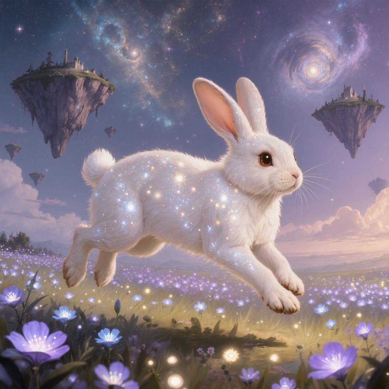 An ethereal rabbit, its fur made of shimmering moonlight, hops through a field of glowing, otherworldly flowers under a sky filled with nebulae. The landscape is dreamlike and surreal, with floating islands in the distance. The style is a delicate digital painting with fantasy elements, evoking a sense of wonder and tranquility. — Kling v3 Omni
