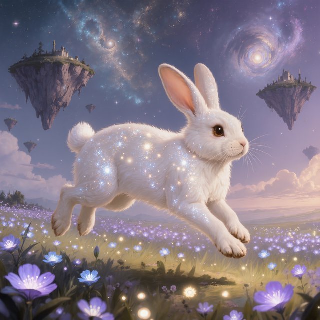An ethereal rabbit, its fur made of shimmering moonlight, hops through a field of glowing, otherworldly flowers under a sky filled with nebulae. The landscape is dreamlike and surreal, with floating islands in the distance. The style is a delicate digital painting with fantasy elements, evoking a sense of wonder and tranquility. — Kling v3 Omni