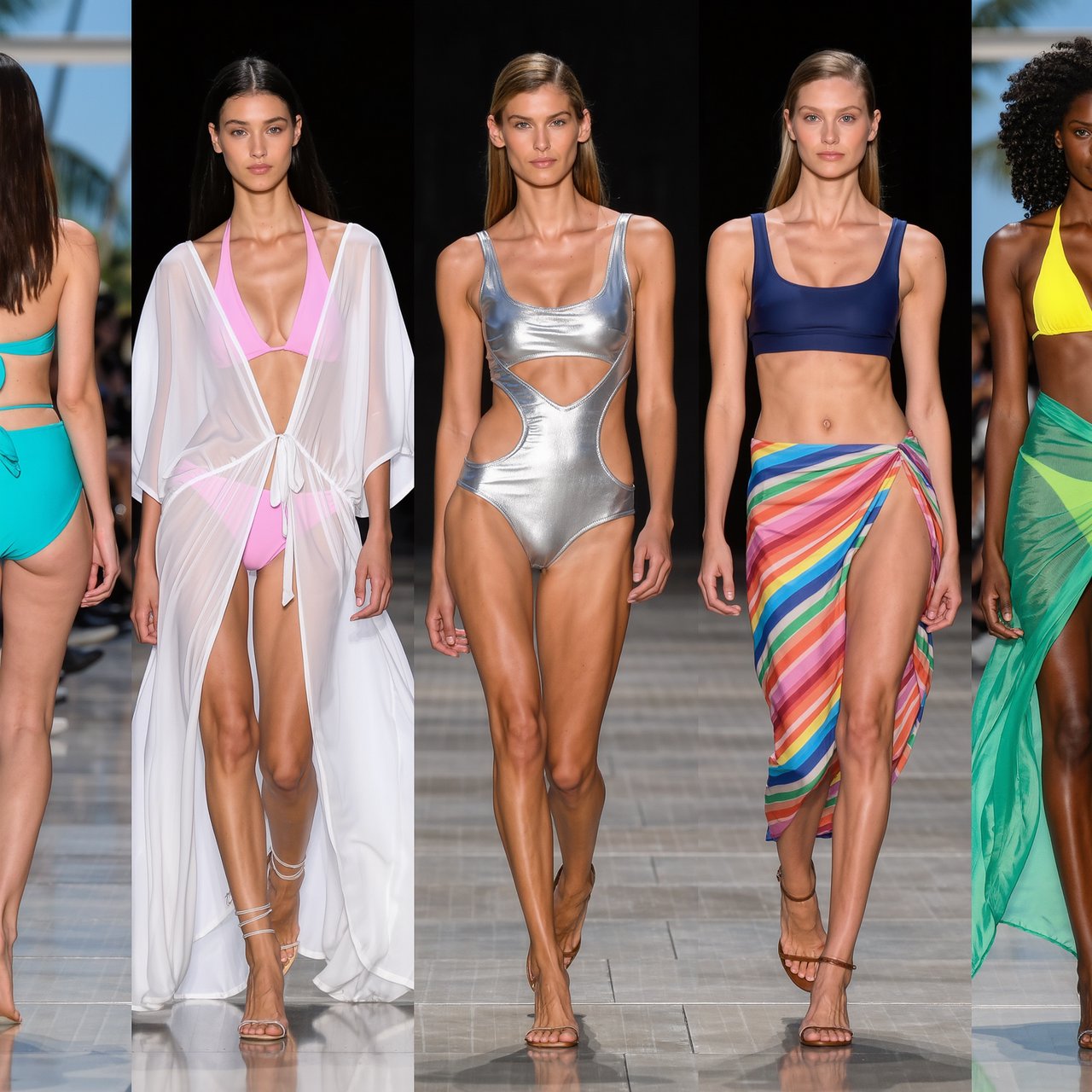 Realistic adult female models on the runway in beachwear. 4–7 models. Full front, back, side, and aerial views. — Kling v3 Omni