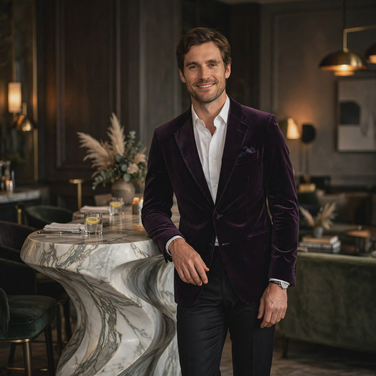 Editorial glamour photograph of an adult man in a midnight-plum dinner jacket and black trousers, standing naturally beside a sculptural marble bar in a quiet hotel lounge, flattering amber light, easy smile, polished editorial elegance. — Muse Image 1.0