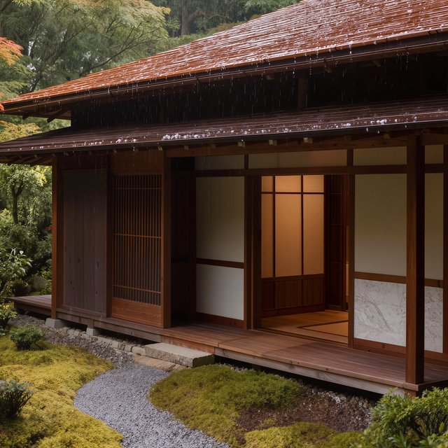 Exterior of a Kyoto-inspired contemporary teahouse in restrained Japanese timber architecture, charred cedar screens, pale granite, and a copper-clad roof; soft rain-bright afternoon light, viewed obliquely from a moss garden path, precise joinery and credible structure. — Kling v3