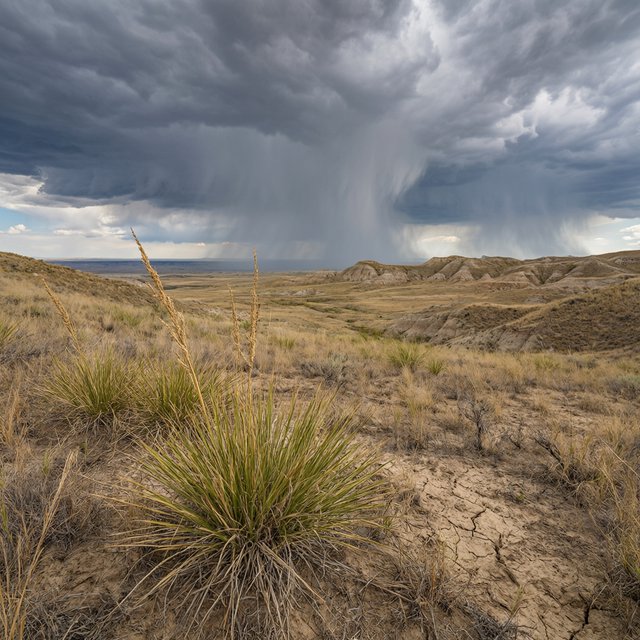 Across a tawny prairie basin, a rotating thunderstorm gathers in the late afternoon beneath bruised clouds, rain veiling distant buttes; seed heads and cracked earth in the foreground contrast with ridges softened by the advancing downpour. — Qwen Image 3.0 Pro