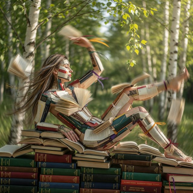 Create an adult odalisque entirely made of anthologies. The odalisque is formed from an anthology, with movement and motion blur that clearly shows its composition. The material should appear high quality, with dappled sunlight. The background is a birch forest, and the overall mood is Futurism. — Grok Imagine Image Quality