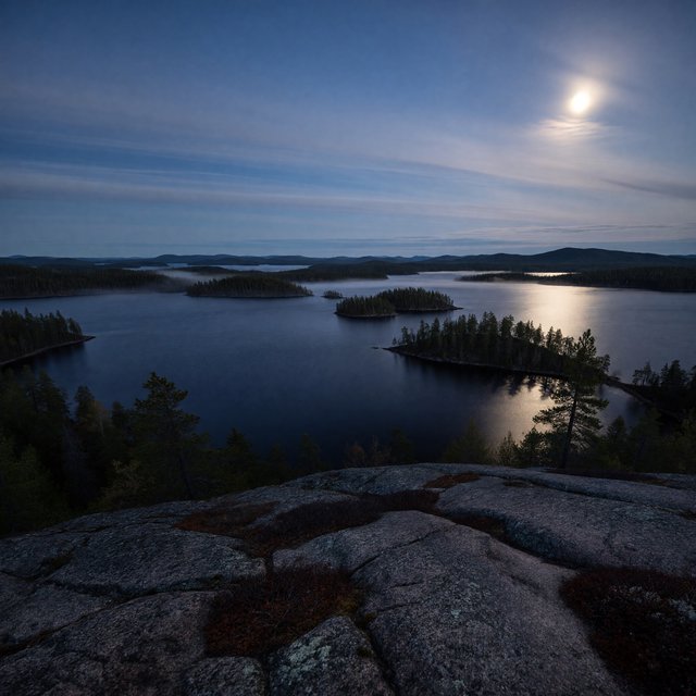 An expansive boreal lake beneath a clear, cold midnight sky, pale moonlight catching thin mist above dark water; spruce-covered islands recede toward distant ridges, while lichen and cracked granite sharpen the near shoreline. — ImagineArt 1.5 Pro