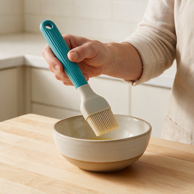 Across a honed maple counter, an adult hand guides an unbranded silicone pastry brush over a ceramic bowl; its ribbed teal handle catches diffused key light and warm bounce against a cream kitchen background, face cropped out, no lettering, commercial product image. — Seedream 5.0 Pro