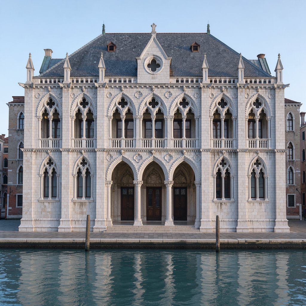 Exterior of a Venetian Gothic opera house beside a quiet canal, pale Istrian limestone, pointed arches, quatrefoil tracery, and a steep slate roof; cool morning light, viewed from across the water, crisp masonry lines and believable structure. — FLUX 3 Image