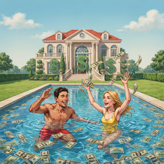 A wealthy adult couple swimming in a huge pool full of money, near a huge mansion with dollar signs on it, with a fun, happy vibe. — Ideogram v4.5