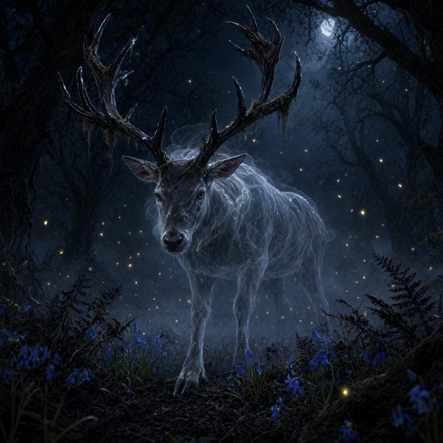 Low-angle wide shot, ancient overgrown oak forest at midnight: a colossal ghost stag looms, its semi-transparent form woven from swirling inky mist threaded with liquid silver moonlight. Polished obsidian antlers cut through shadow, jagged edges catching faint starlight, moss dangling from their points. Heavy hooves press into the loamy forest floor, wild bluebells and ferns curling black and crumbling to ash beneath each step. Hundreds of faint gold fireflies drift slowly through thick volumetric fog, their glows diffused in the haze. Deep indigo and charcoal color palette, somber quiet dread, atmospheric dark fantasy aesthetic, soft dappled moonlight filtering through a gnarled canopy, cinematic depth of field, sharp fine edges on the stag's antlers and decaying foliage. — Qwen Image 3.0 Pro