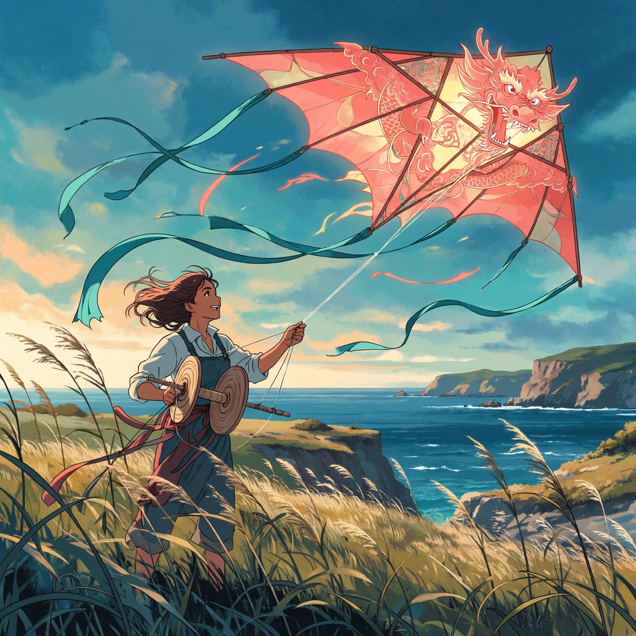Cel-shaded anime illustration of an adult kite maker testing a vast translucent dragon-shaped kite on a windy coastal bluff, ribbons streaming above wild grasses and distant cliffs. Palette of coral, turquoise, butter yellow, and deep blue, with clean contours and a luminous sky. — ImagineArt 2