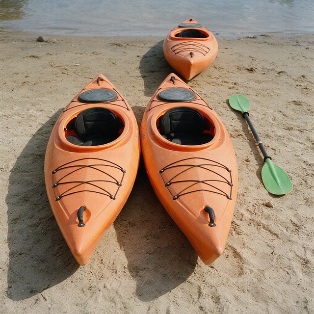 Exactly three orange kayaks rest on a sandy shore: two side by side in the foreground and one behind them near the water. A green paddle lies to the right of the kayaks, nothing else. — Seedream 5.0 Pro