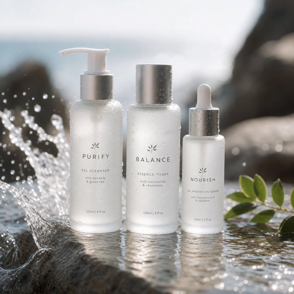 Three frosted glass skincare bottles on a wet stone surface with a splash of water, morning light, shallow depth of field. — GPT Image 2