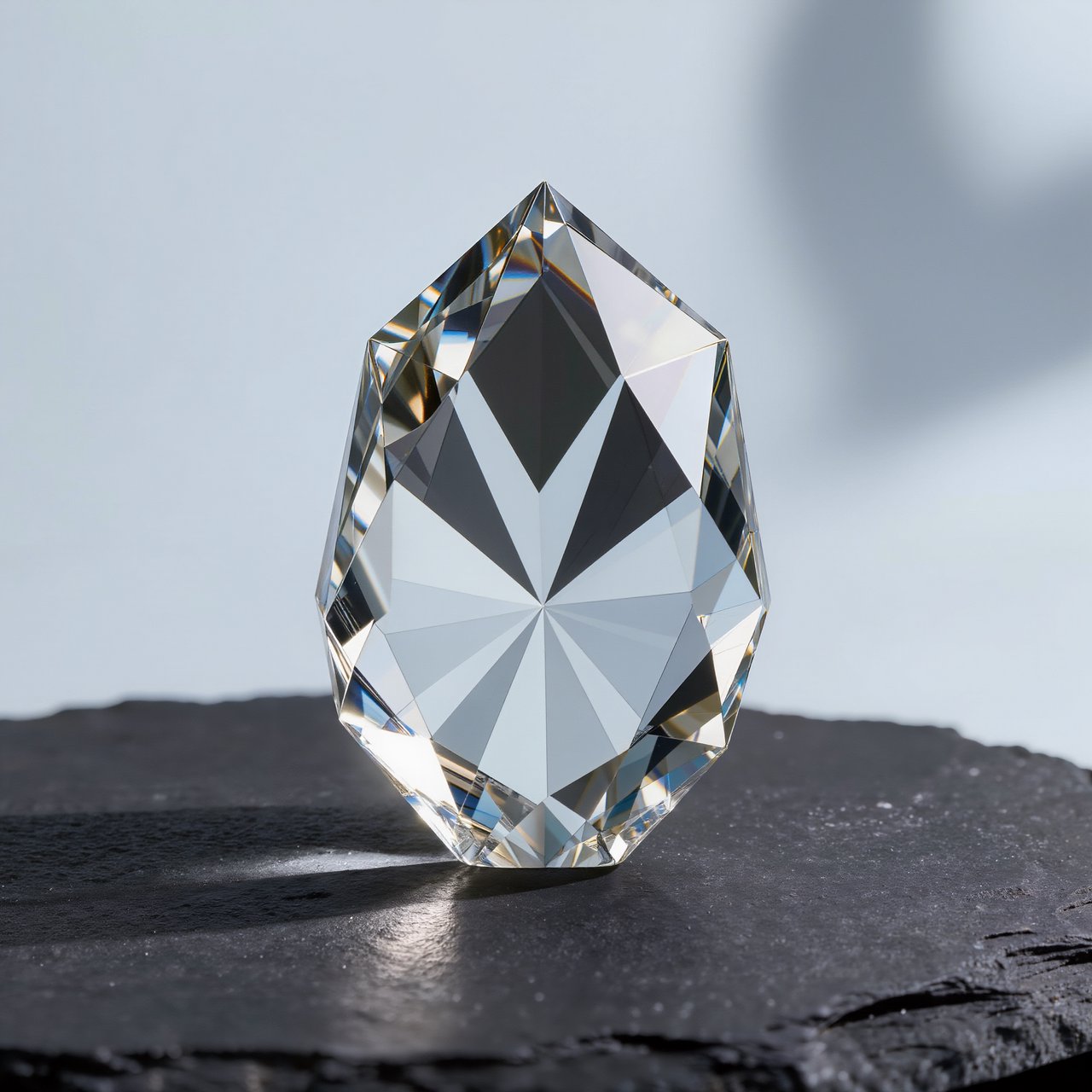 An unbranded, unmarked faceted optical-glass paperweight rests on charcoal slate against a pale blue-gray background; broad diffused studio light and a narrow side highlight reveal crisp internal refractions and bright edge reflections. — Kling v3