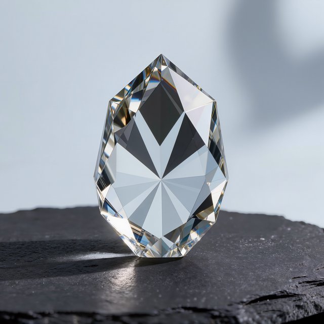 An unbranded, unmarked faceted optical-glass paperweight rests on charcoal slate against a pale blue-gray background; broad diffused studio light and a narrow side highlight reveal crisp internal refractions and bright edge reflections. — Kling v3