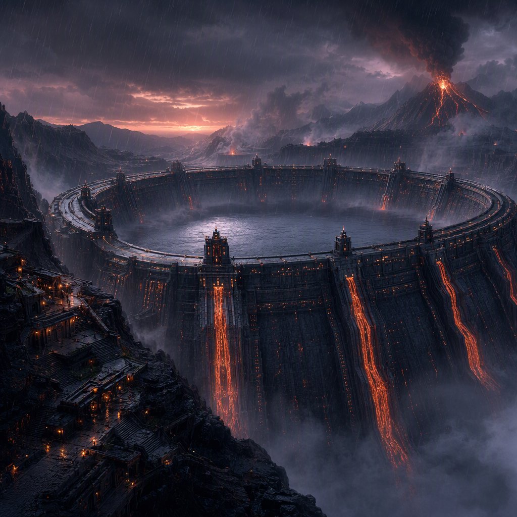 A colossal ring-shaped dam bridges a volcanic caldera, its black stone spillways veined with molten light. Rain veils the terraces as steam rises into a bruised dusk sky. — GPT Image 2