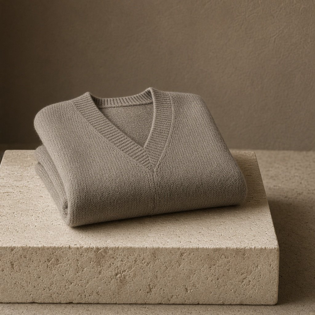 A folded unbranded merino cardigan rests on a honed limestone plinth, its chunky ribbed wool surface softly catching broad overhead diffusion and warm side bounce against a muted clay backdrop, with no tags, lettering, or graphics. — Grok Imagine Image 2